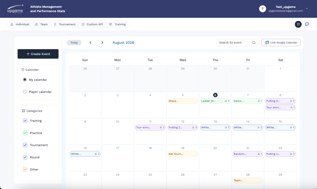 Team calendar for August 2026 showing color-coded training, practice, tournament, and round events by category