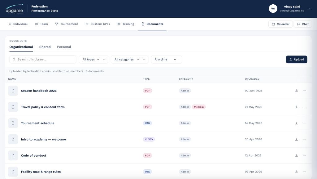 Organizational documents library with categories and upload