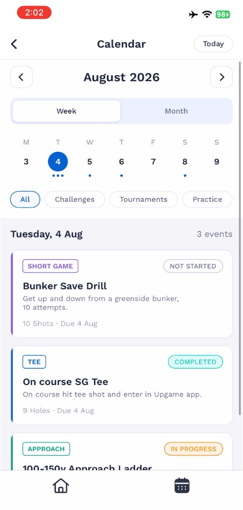 Upgame mobile app calendar view showing scheduled challenges, tournaments, and practice events